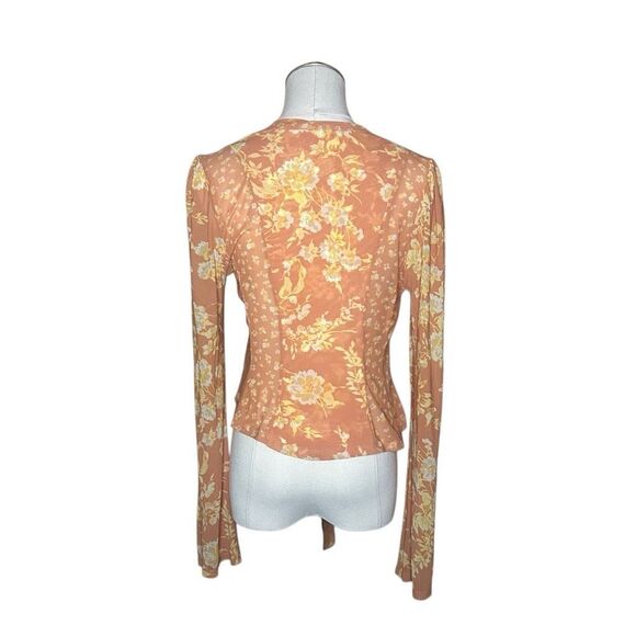 Free People Orange Long Sleeve Sheer Button Up Top Size XS Floral V-neck - Picture 5 of 12
